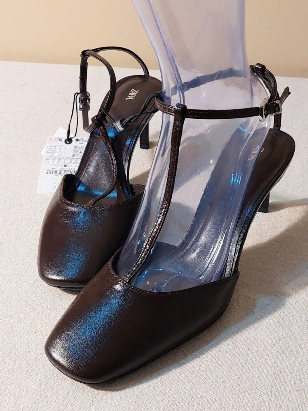 Zara Deep Brown Leather Square Toe Ankle T-Strap Mid-Height Heels NWT EU 39 US 8